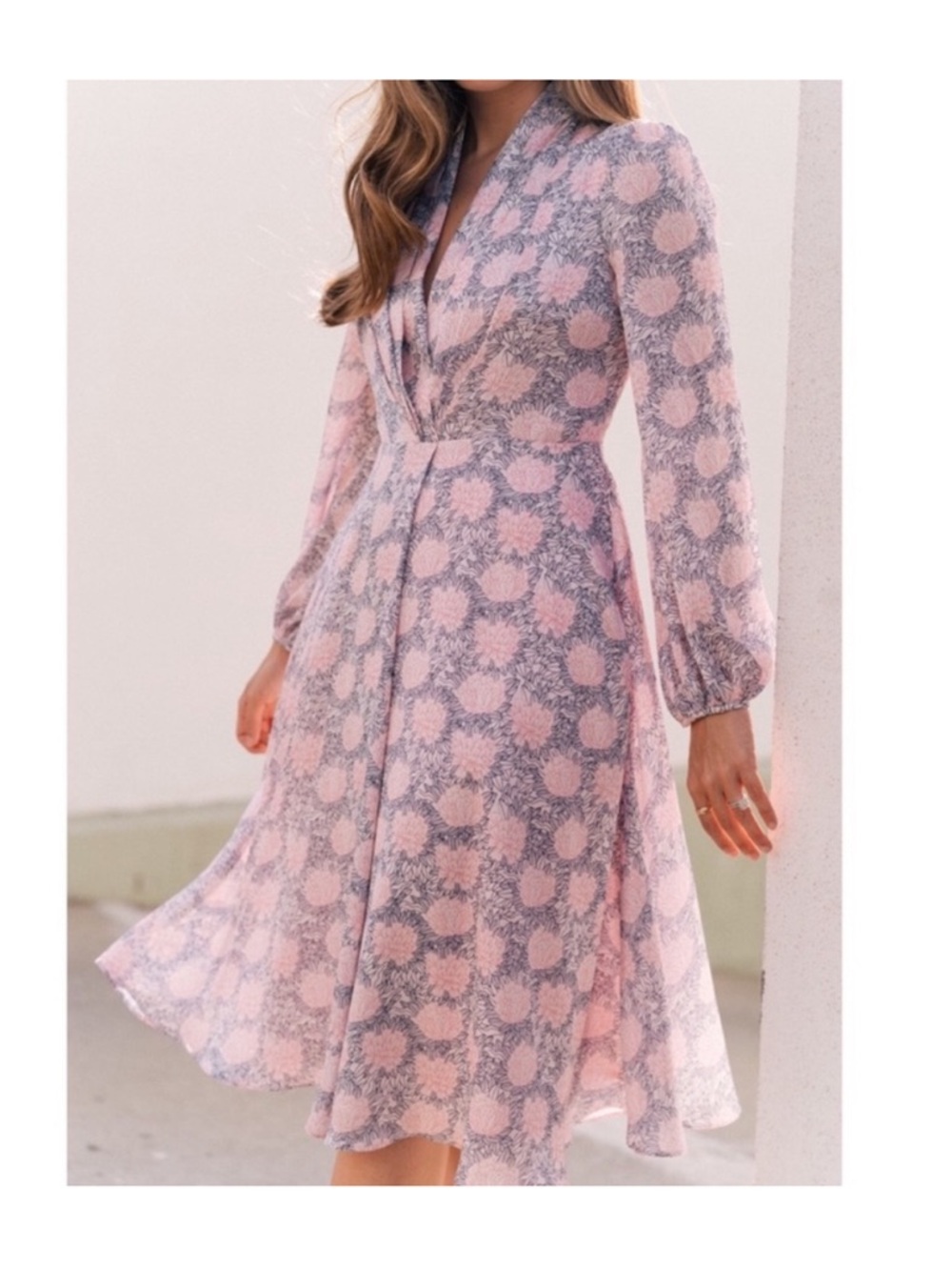 Gal Meets Glam Lizzie Pink and Navy Floral V-Neck Midi Dress from Nordstrom - Picture 13 of 13